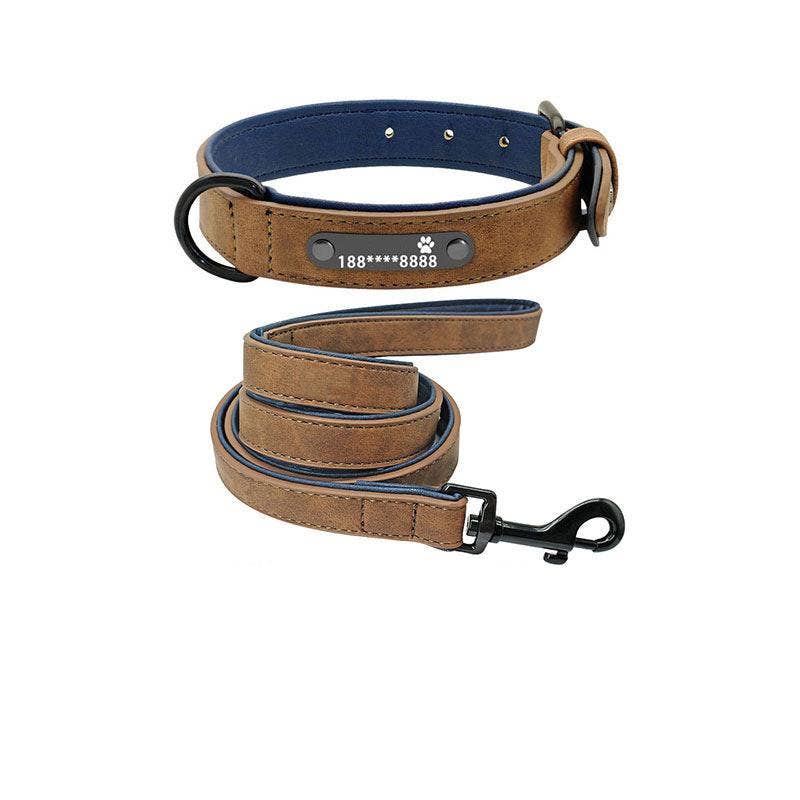 Personalized Leather Dog Collar with Anti-Lost Lettering for Dogs of All Sizes: Brown Plus 1.2 Tow Rope / Xl