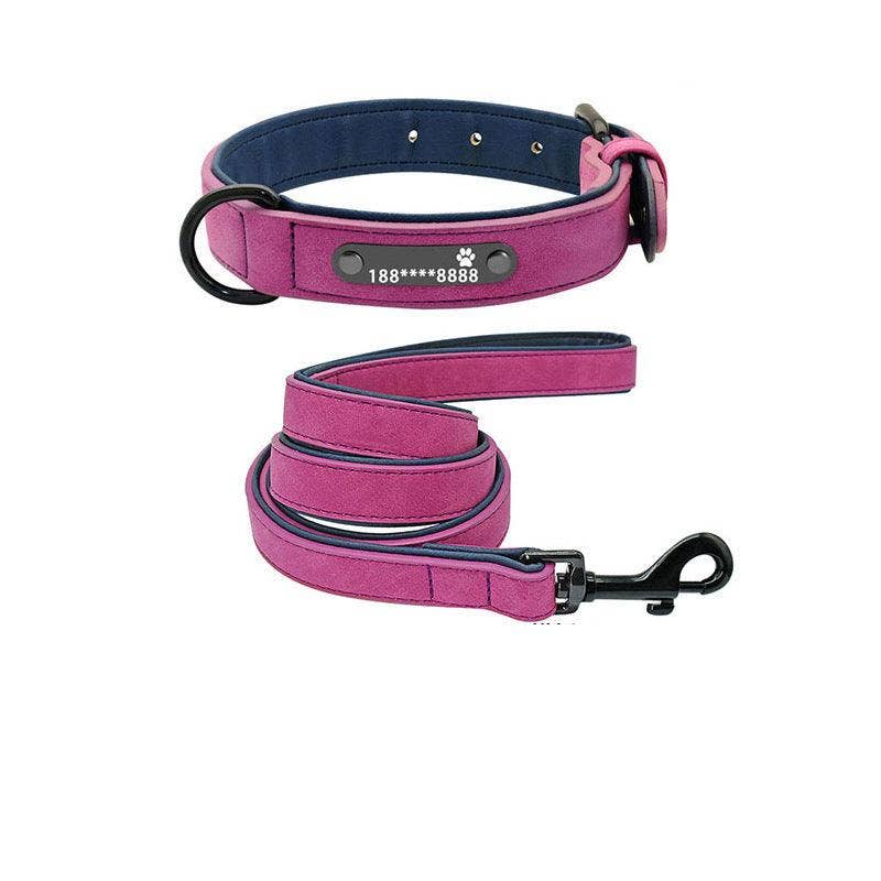 Personalized Leather Dog Collar with Anti-Lost Lettering for Dogs of All Sizes: Blue Plus 1.2 Tow Rope / L
