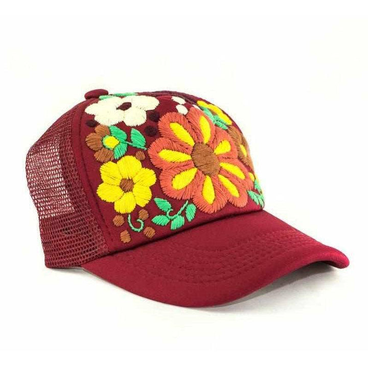 Tulum Hand Embroidered Trucker Flower Hat - Maroon