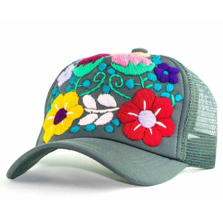 Tulum Hand Embroidered Trucker Flower Hat - Maroon