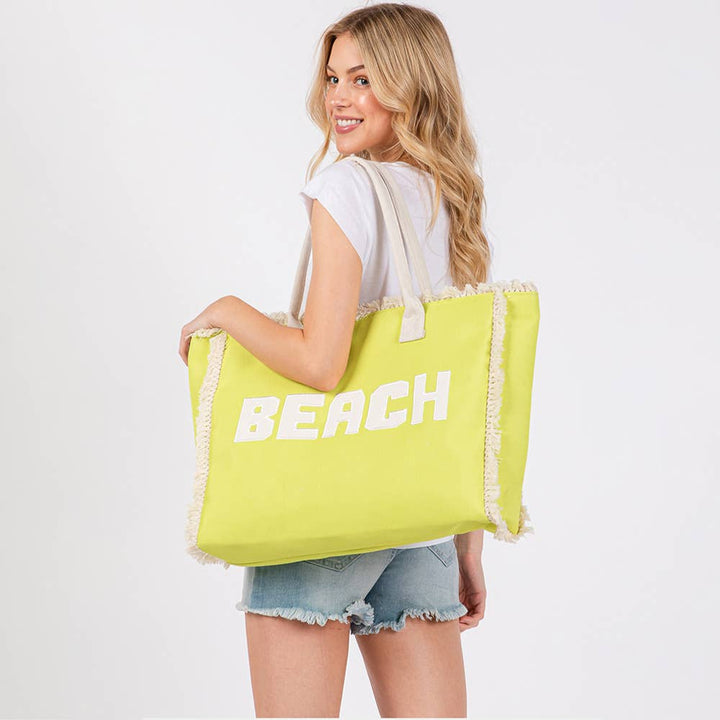Bold BEACH Letter Embroidered Fringe Tote Bag: Teal