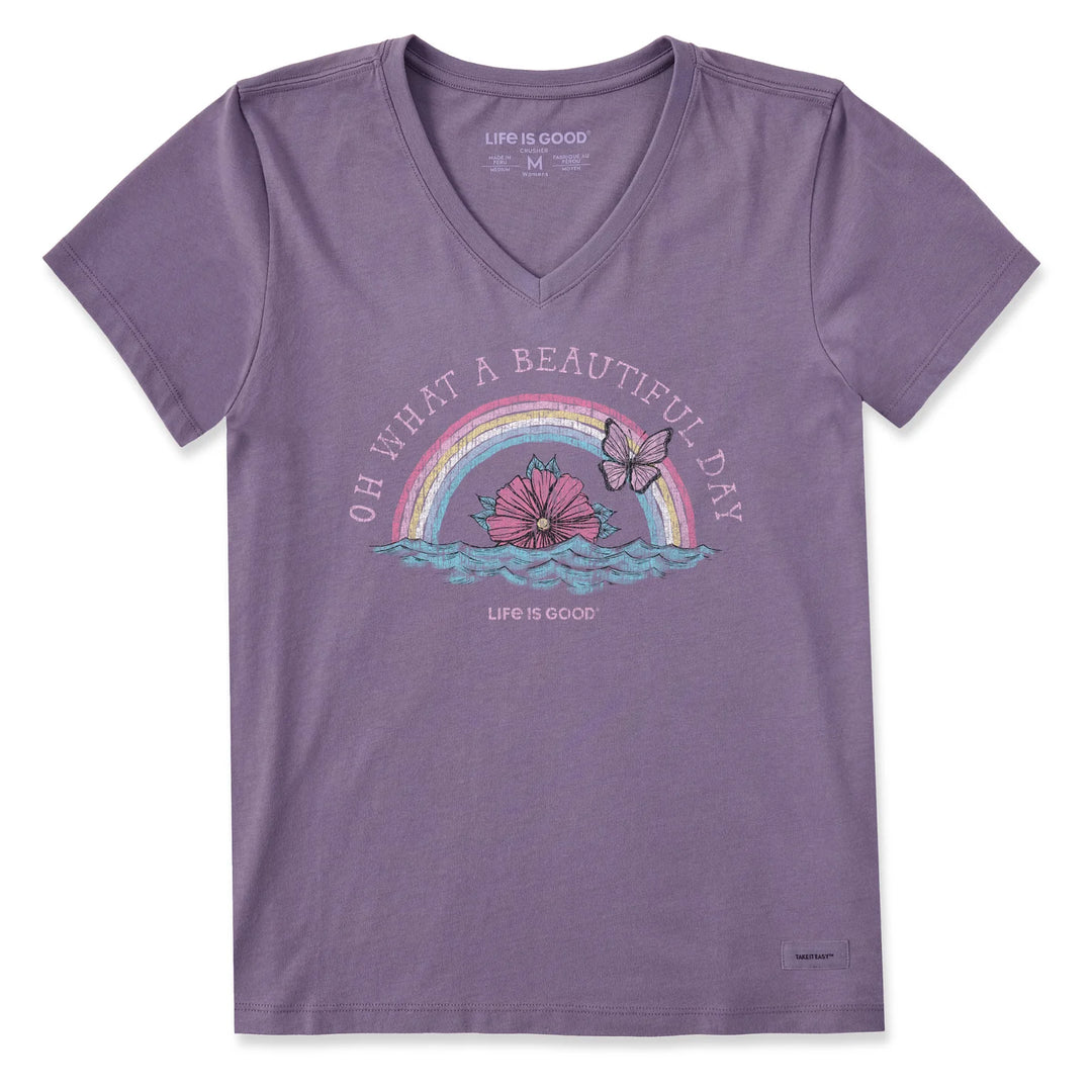 W's Oh What a Beautiful Day Rainbow Waves Short Sleeve Crusher Vee