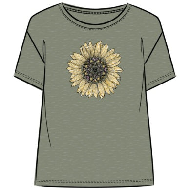 W'S DETAILED SUNFLOWER S/S RELAXED FIT SLUB TEE, MOSS GREEN