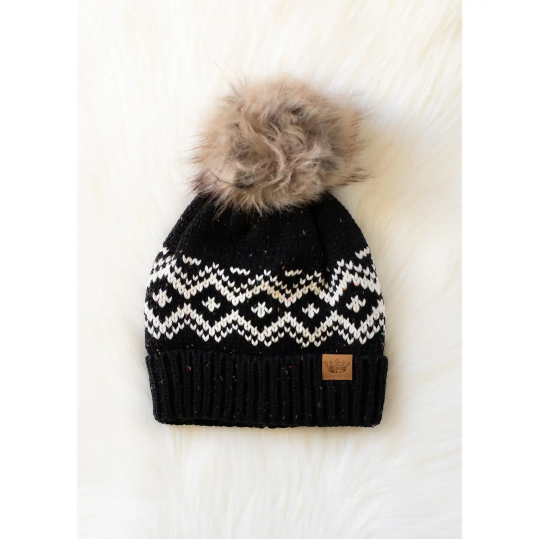 Black & Speckled Patterned Pom Hat