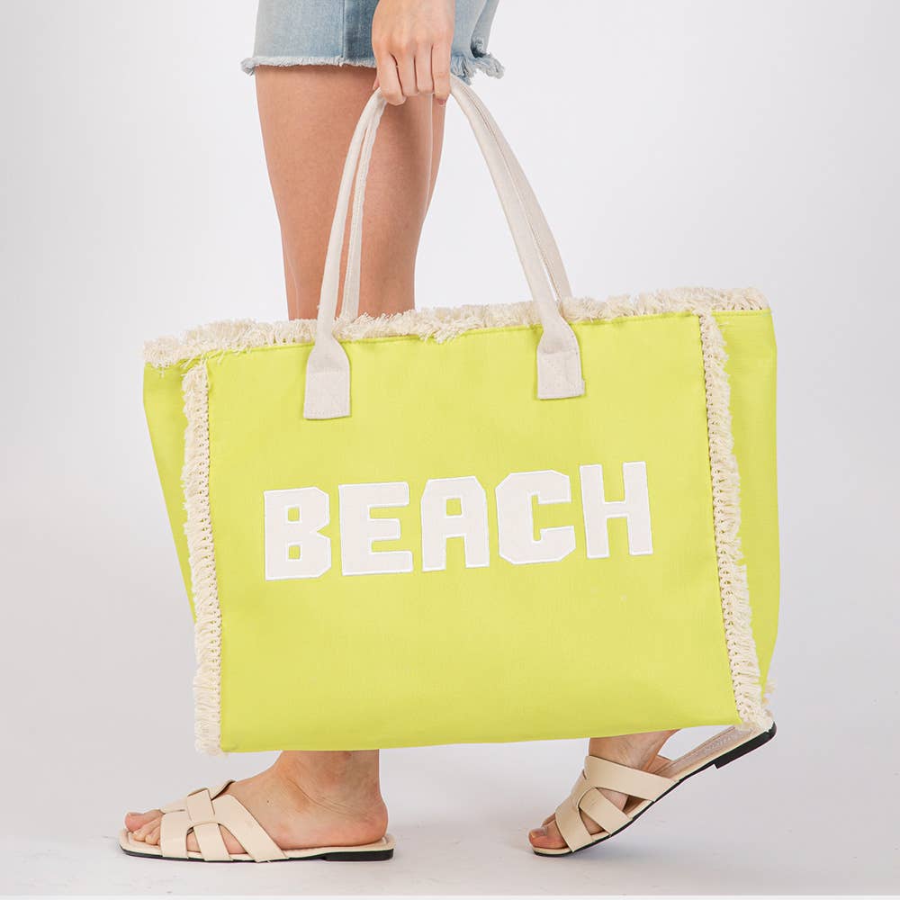 Bold BEACH Letter Embroidered Fringe Tote Bag: Teal