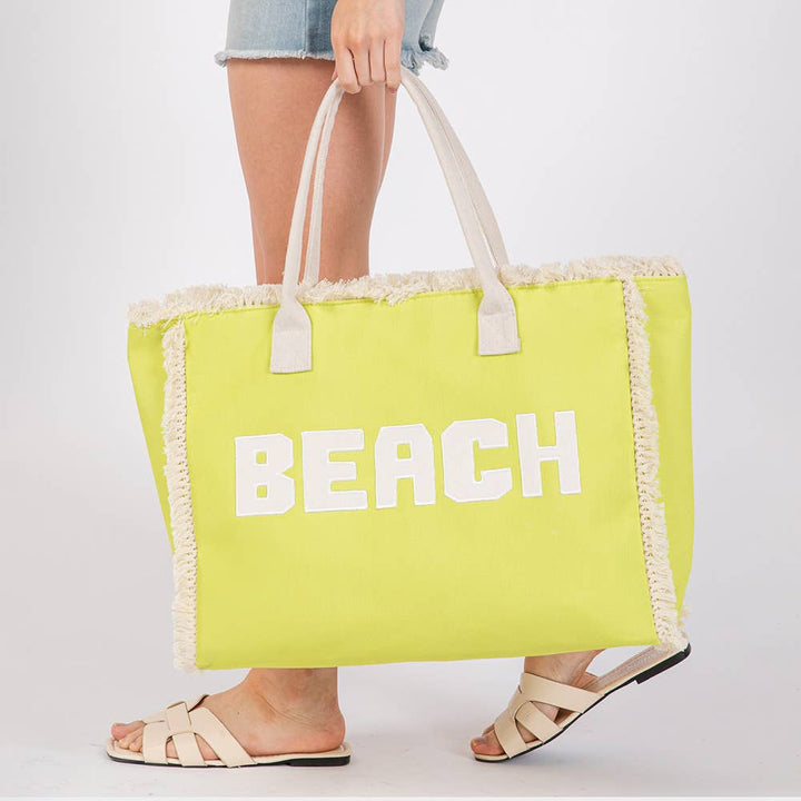 Bold BEACH Letter Embroidered Fringe Tote Bag: Teal