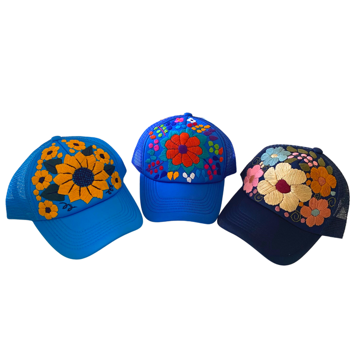 Tulum Hand Embroidered Trucker Flower Hat - Maroon