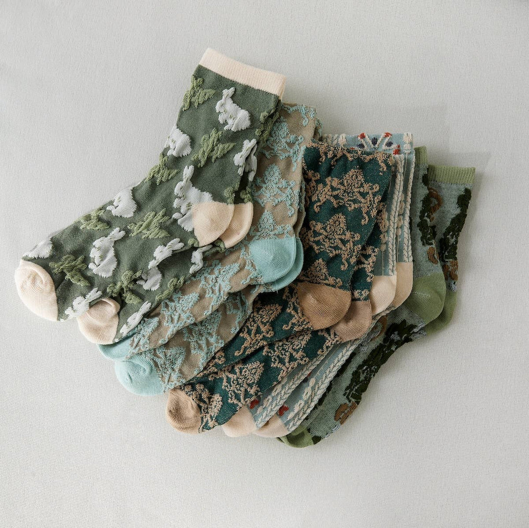 Rufia - Retro Embossed Women's Socks, Olive, One Size