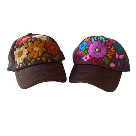 Tulum Hand Embroidered Trucker Flower Hat - Maroon