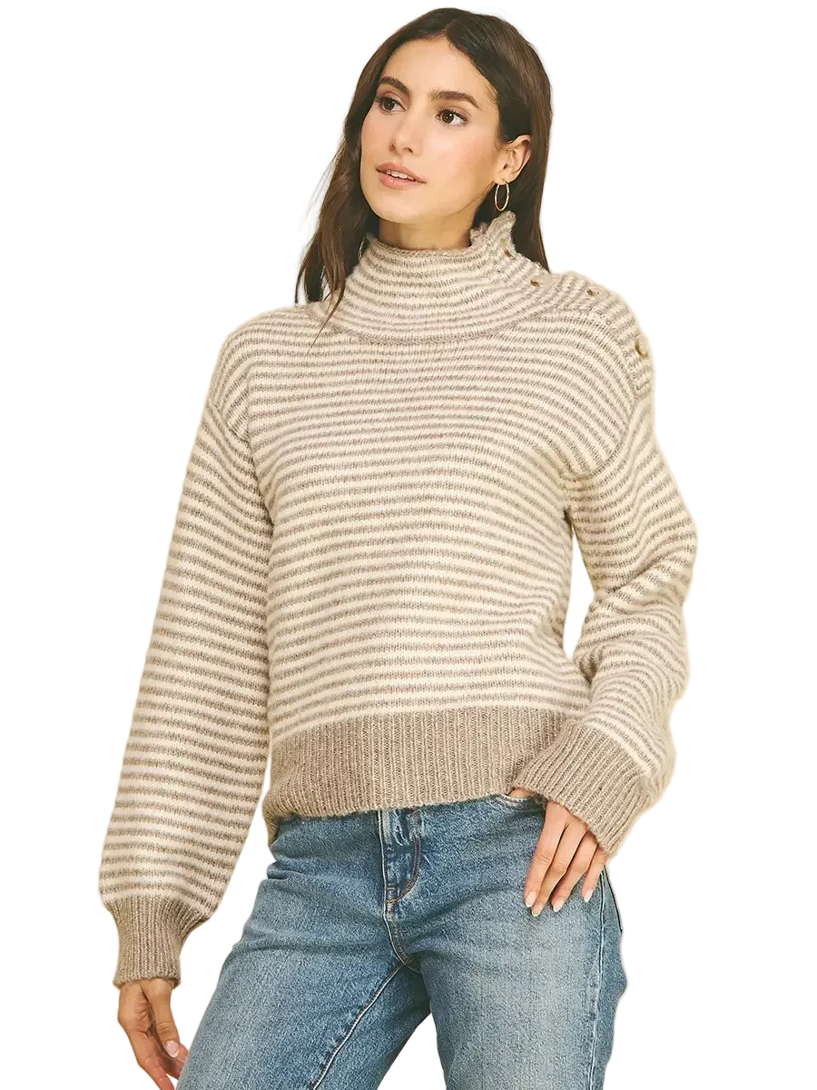 W's Striped Button Detail Mock Neck Sweater