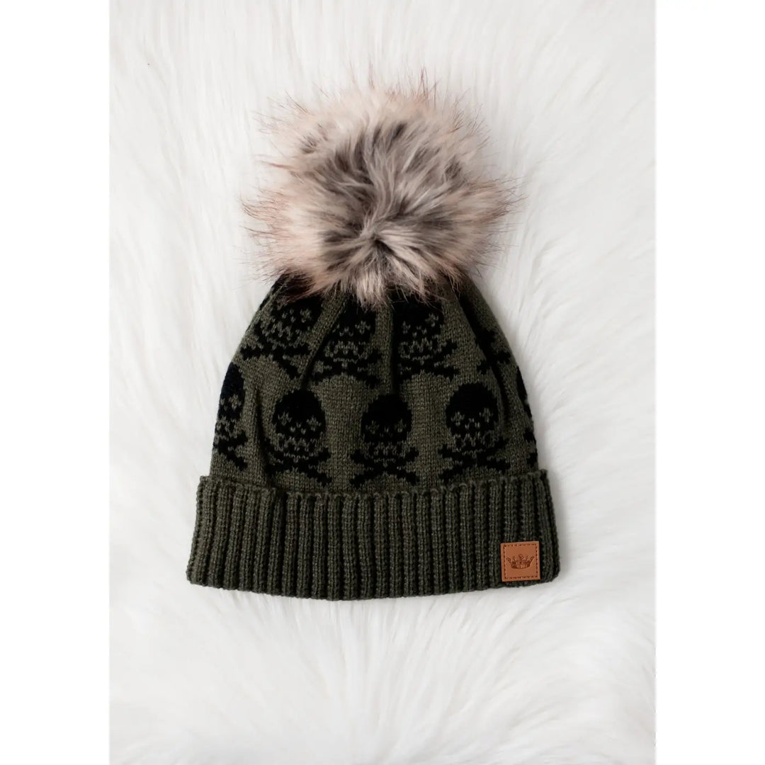 Skull Pattern Pom Hat, Olive