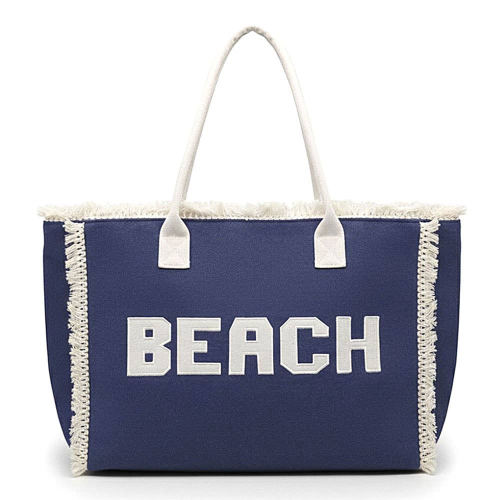 Bold BEACH Letter Embroidered Fringe Tote Bag: Teal