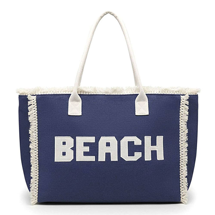 Bold BEACH Letter Embroidered Fringe Tote Bag: Teal