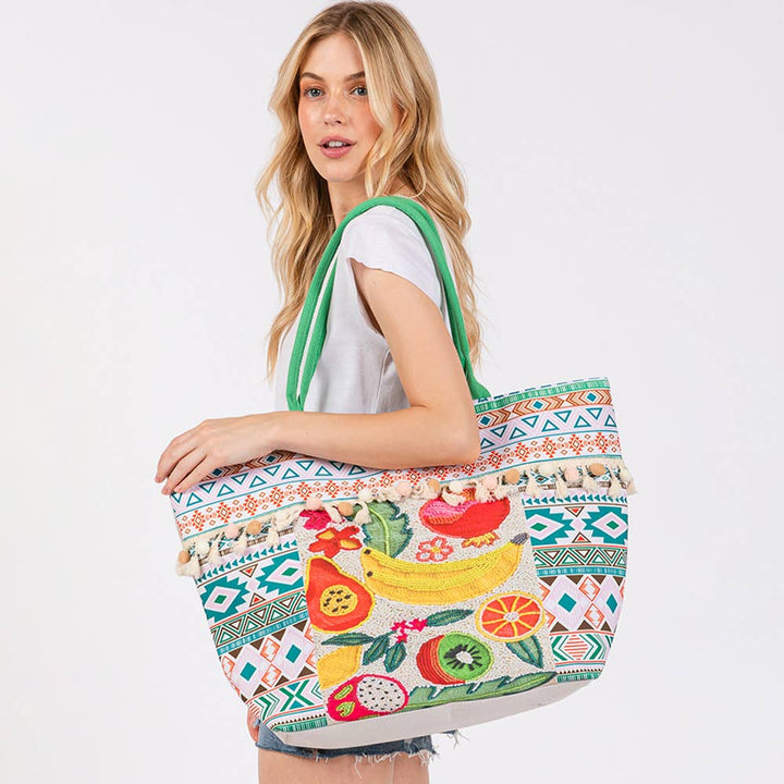 Fruit Boho Print Pom Pom Fringe Tote Bag