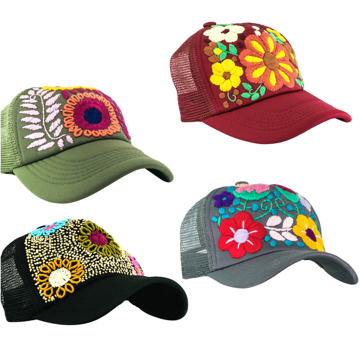 Tulum Hand Embroidered Trucker Flower Hat - Maroon