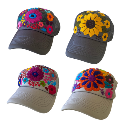 Tulum Hand Embroidered Trucker Flower Hat - Maroon