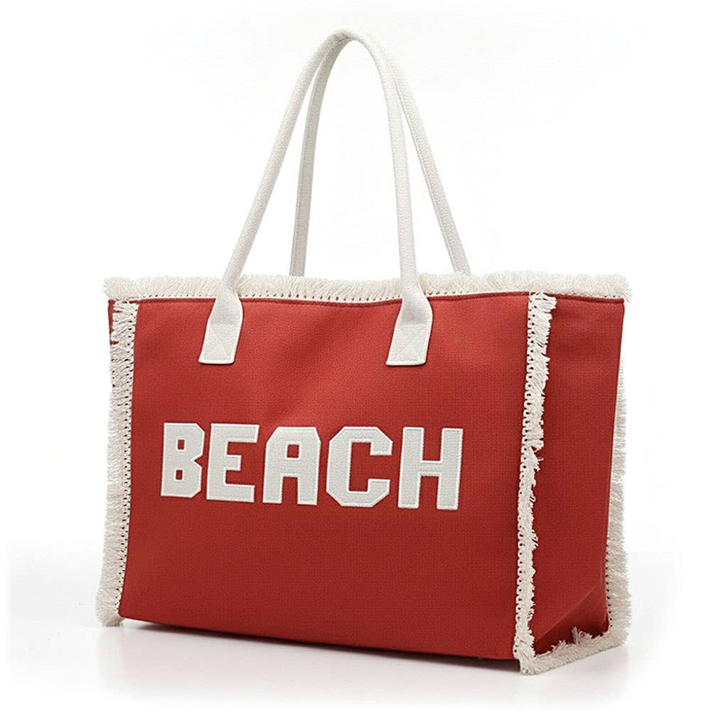 Bold BEACH Letter Embroidered Fringe Tote Bag: Teal