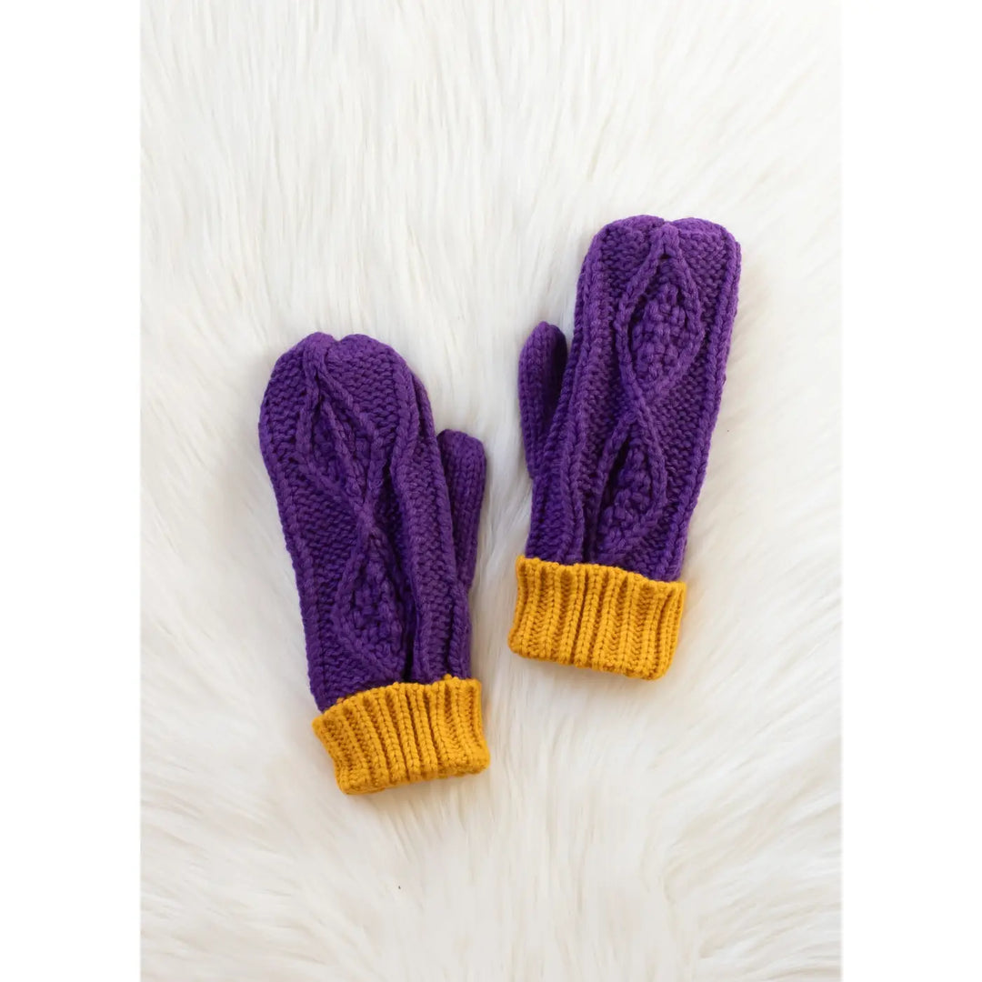 Purple & Gold Trim Cable Knit Mittens