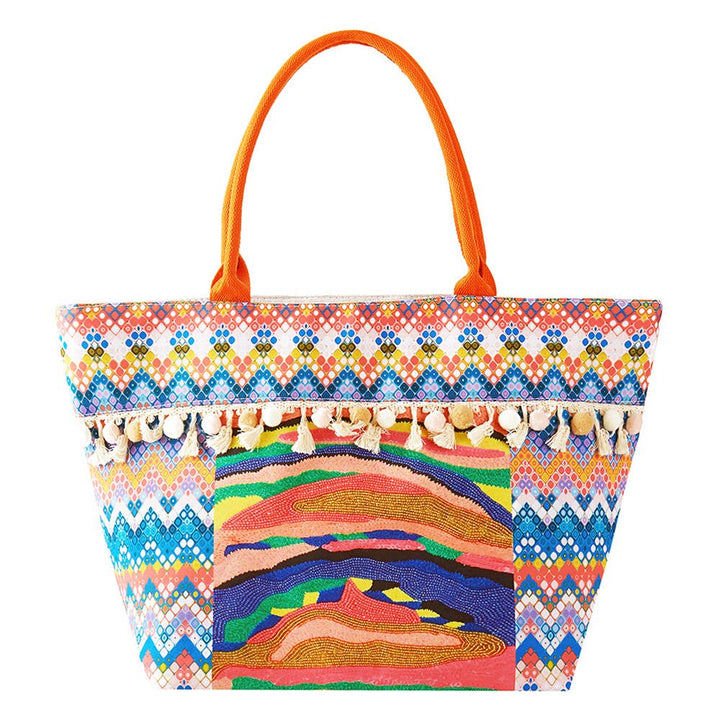 Boho Print Pom Pom Fringe Tote Bag
