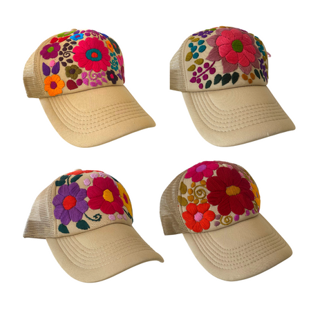 Tulum Hand Embroidered Trucker Flower Hat - Maroon