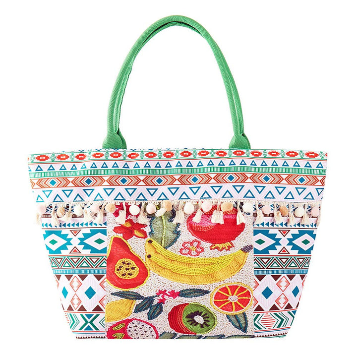 Fruit Boho Print Pom Pom Fringe Tote Bag