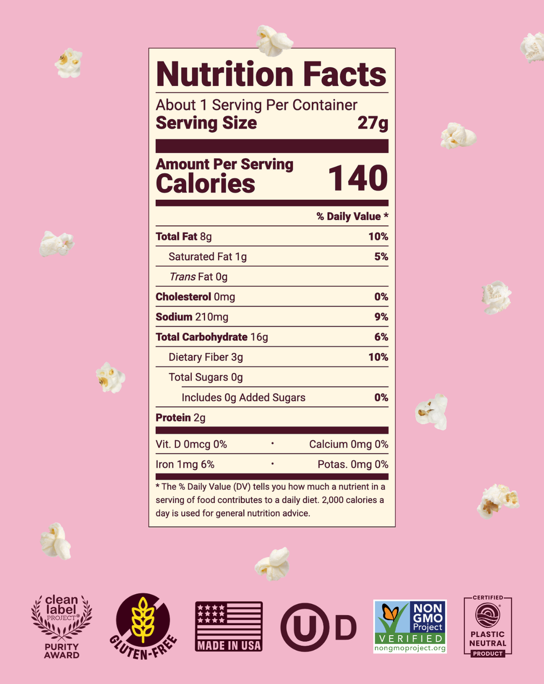 Olive Oil Pink Salt: Sorghum Popcorn snack pack 1oz