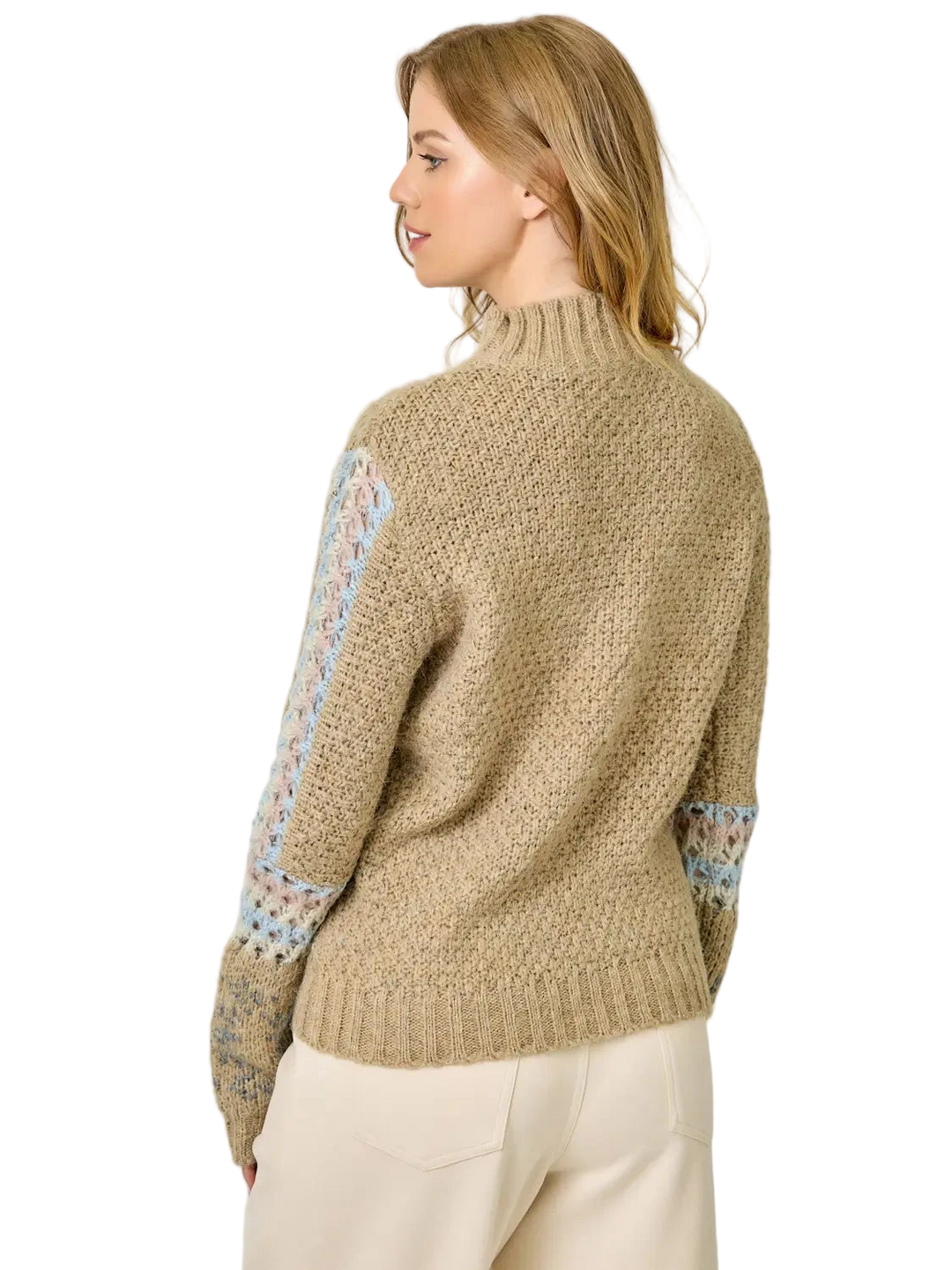 W's Mock Neck Fair Isle Cuff Crochet Sweater