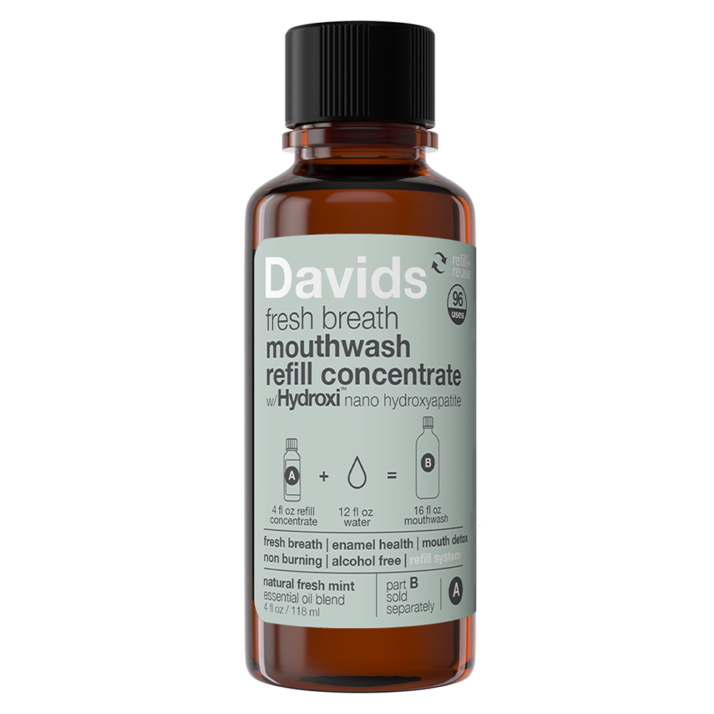 Davids Hydroxi™ fresh breath mouthwash - natural fresh mint : Mouthwash refill kit w/ empty glass bottle