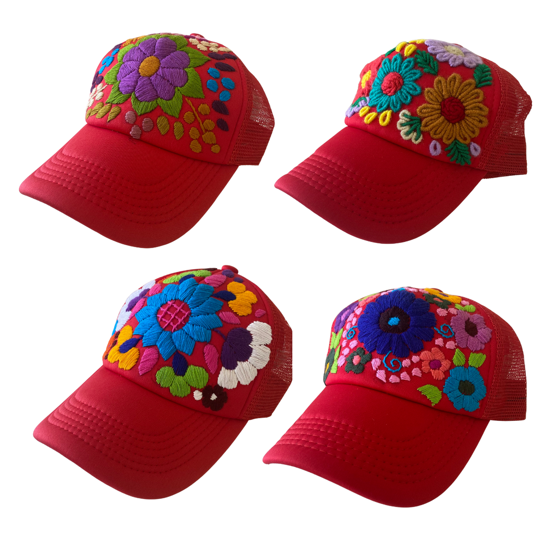 Tulum Hand Embroidered Trucker Flower Hat - Maroon