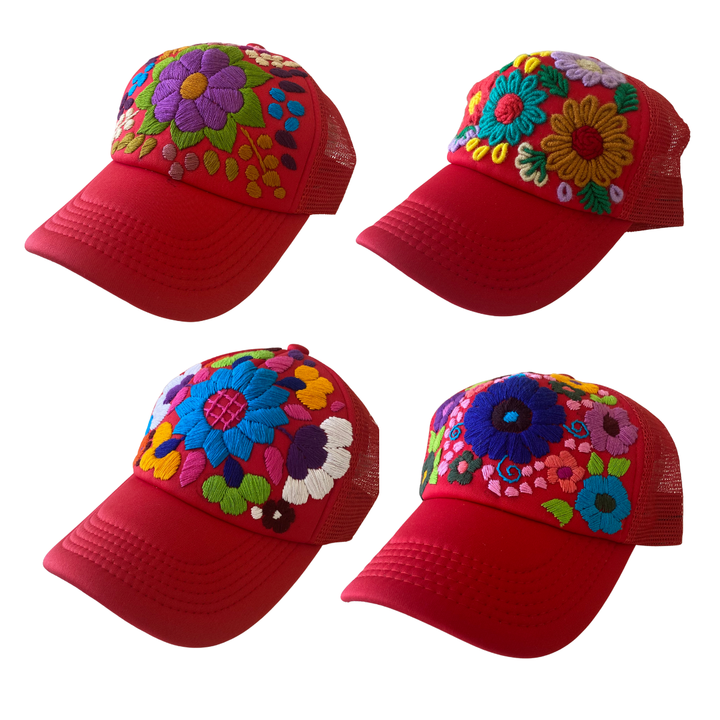 Tulum Hand Embroidered Trucker Flower Hat - Maroon