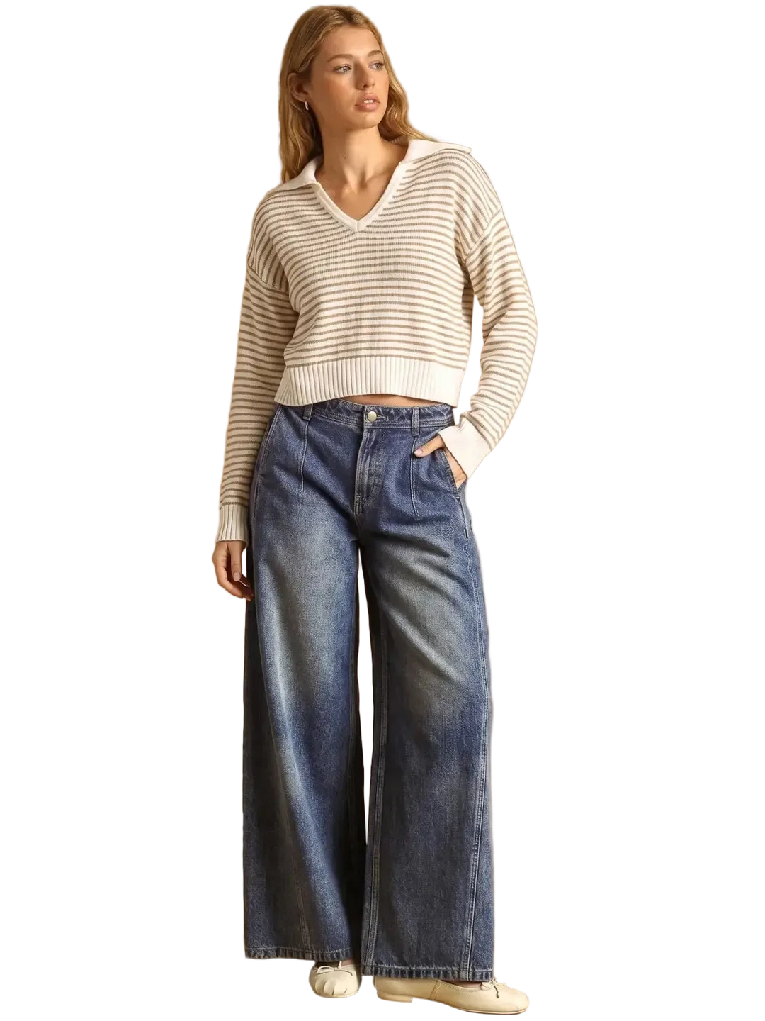 W's Striped Patten V-Neck Collar Sweater