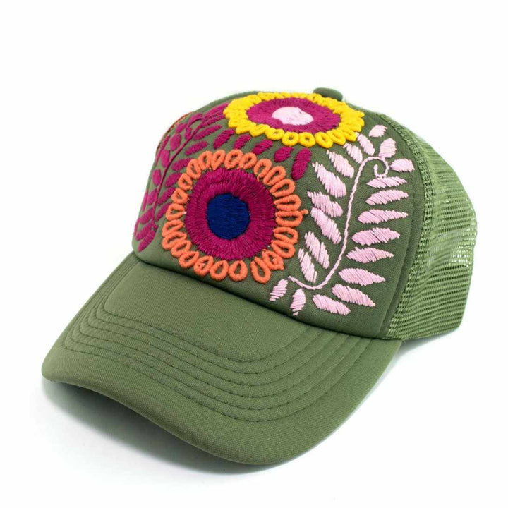 Tulum Hand Embroidered Trucker Flower Hat - Maroon