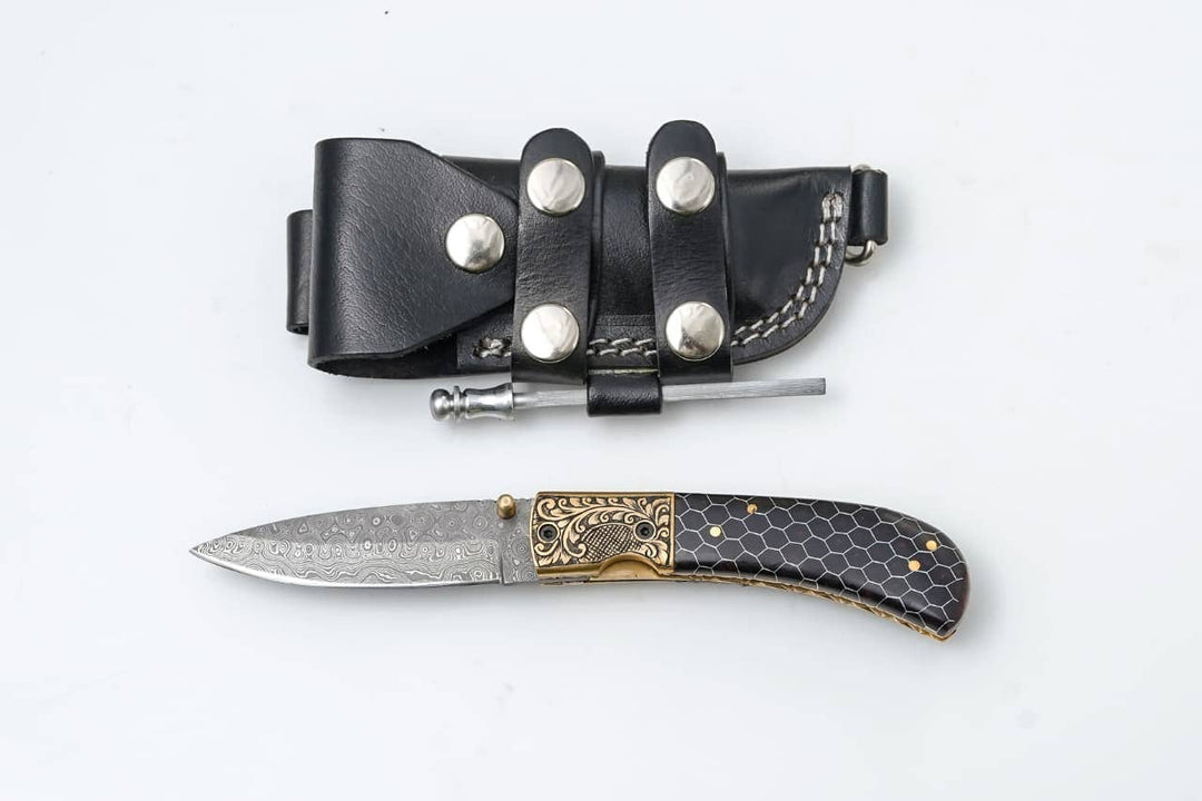 Hand-Engraved Damascus Folding Knife with Honeycomb Handle