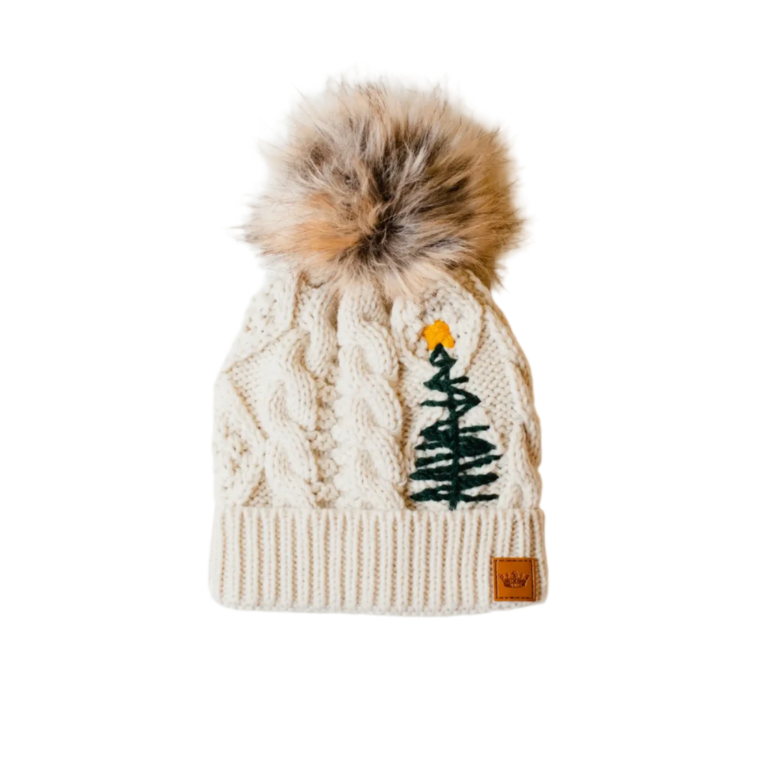 Cable Knit Pom Hat with Embroidered Tree, Beige