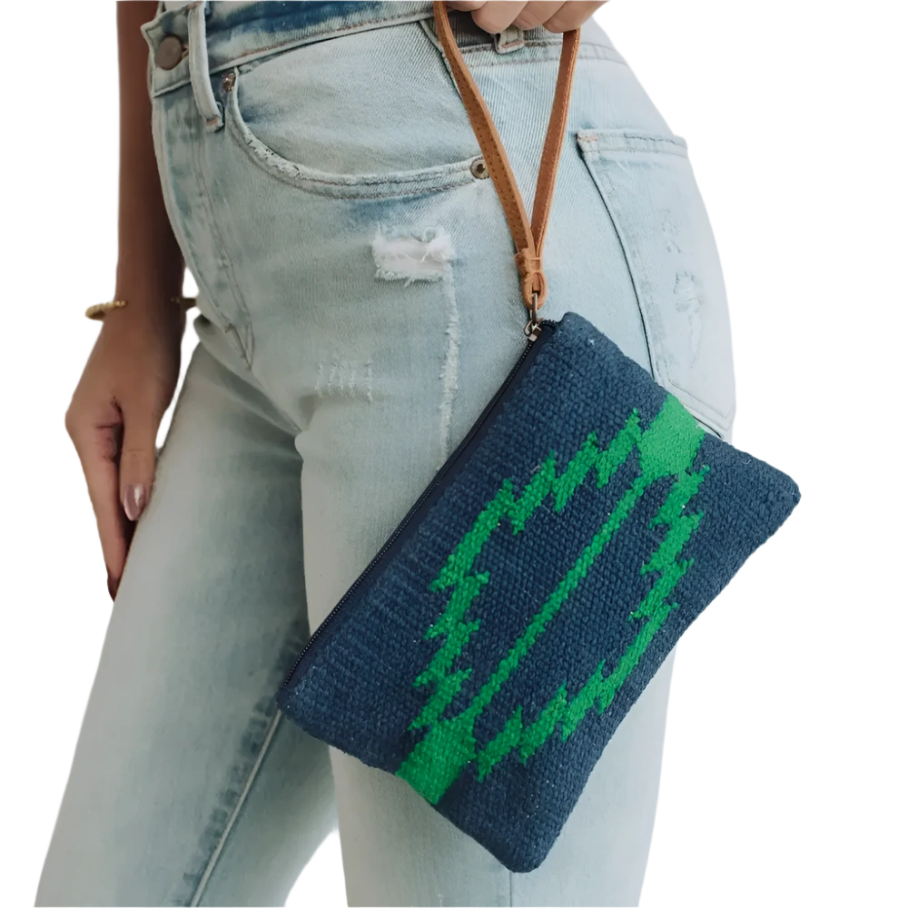 Navy & Green Aztec Wristlet