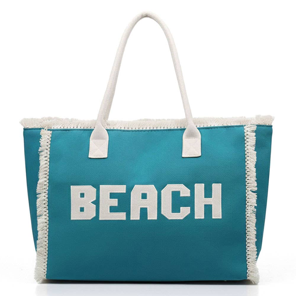 Bold BEACH Letter Embroidered Fringe Tote Bag: Teal