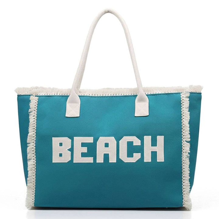 Bold BEACH Letter Embroidered Fringe Tote Bag: Teal