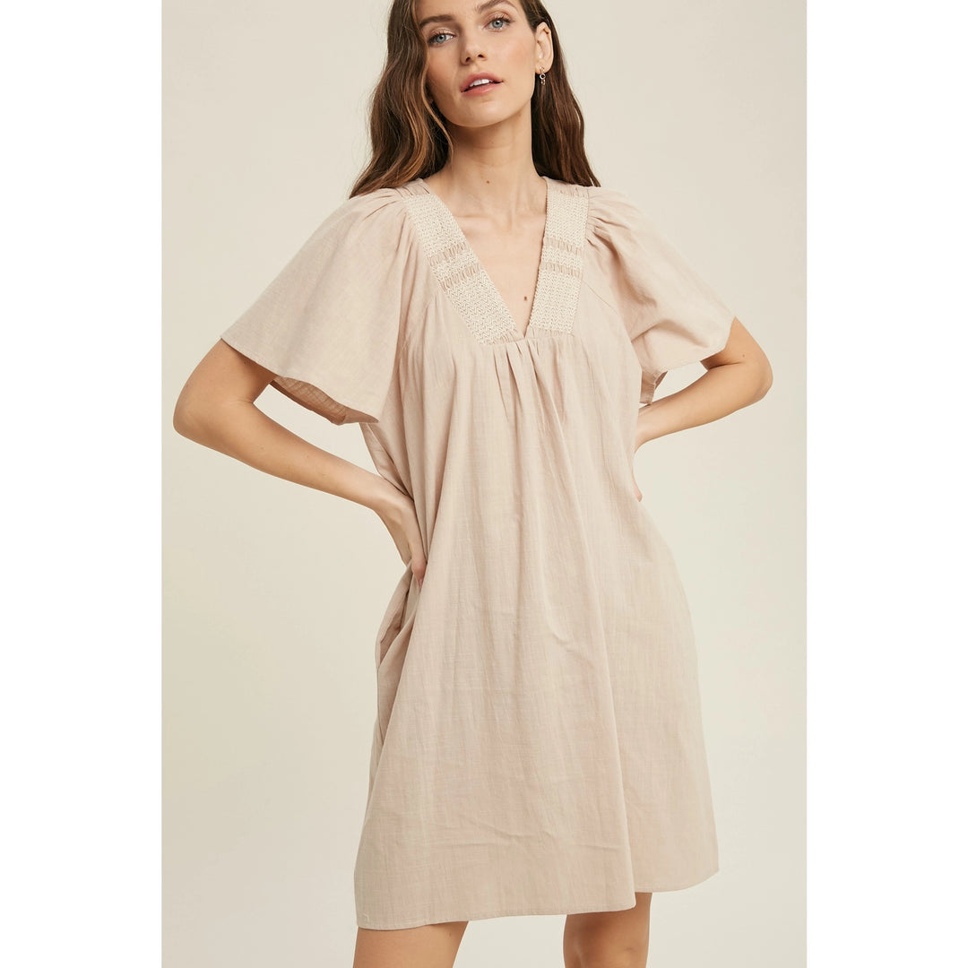 W's Embroidered Flutter Sleeve Mini, Taupe