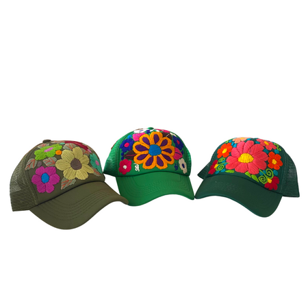 Tulum Hand Embroidered Trucker Flower Hat - Maroon