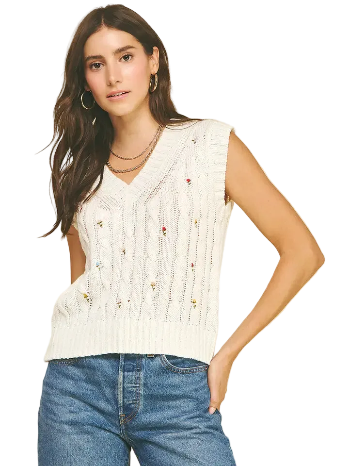 W's Floral Embroidered Cable Knit Sweater Vest