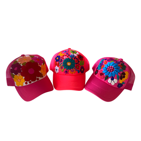 Tulum Hand Embroidered Trucker Flower Hat - Maroon
