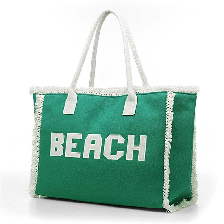 Bold BEACH Letter Embroidered Fringe Tote Bag: Teal
