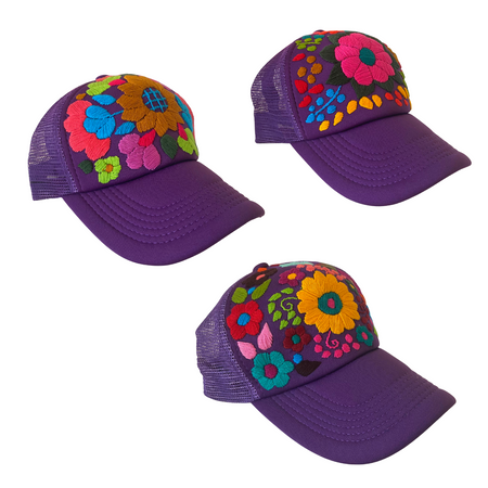 Tulum Hand Embroidered Trucker Flower Hat - Maroon
