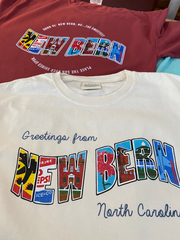 Greetings New Bern Postcard Mural T-Shirt, S/S, Parchment