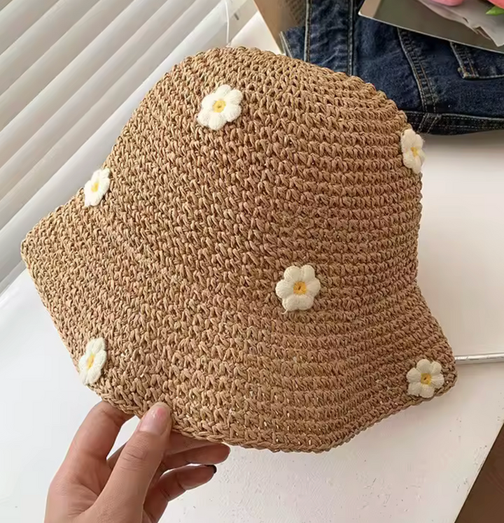 Vintage Straw Bucket Hat with embroidered flowers