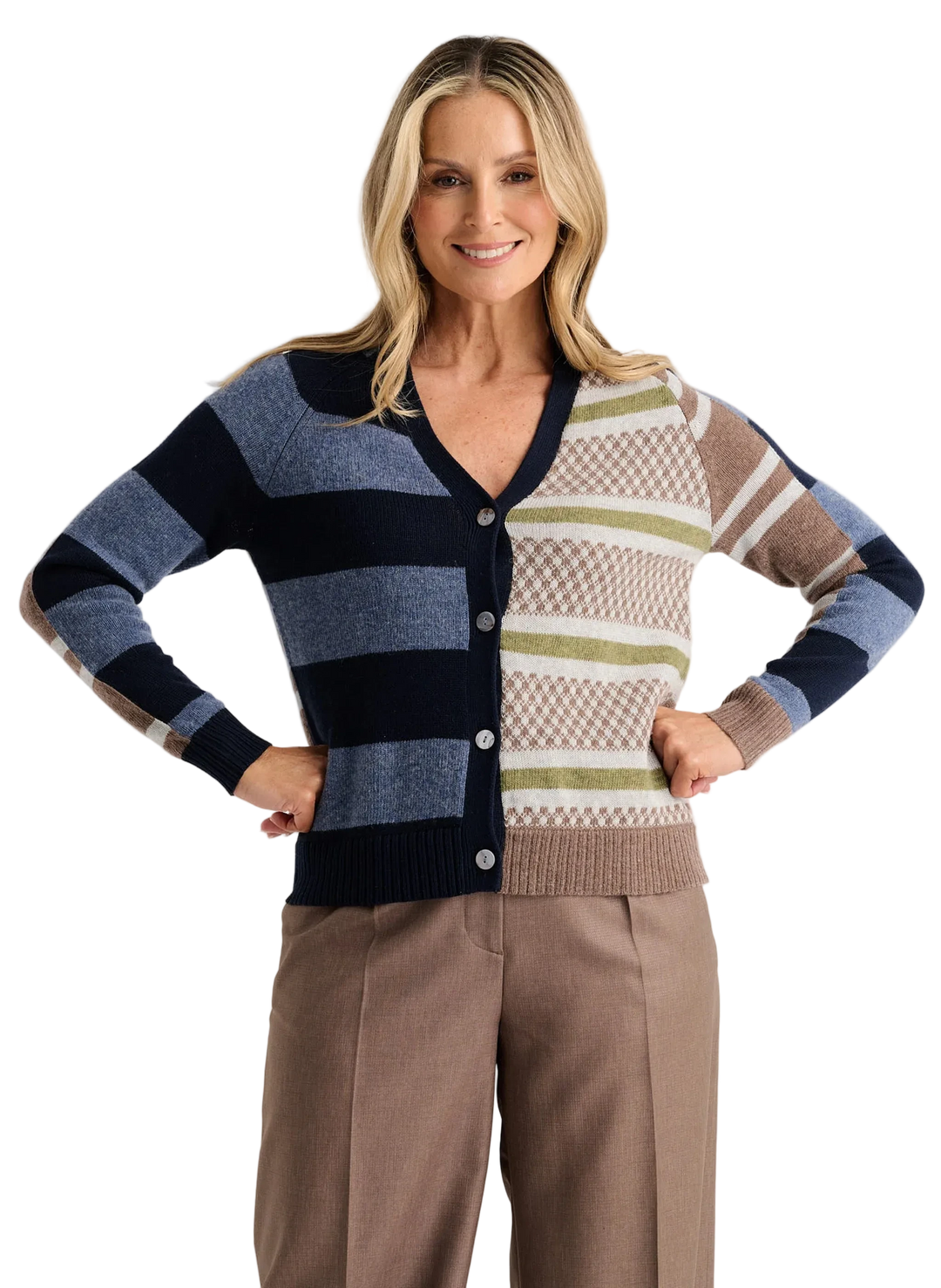 W's Stripe Meets Check Cardigan