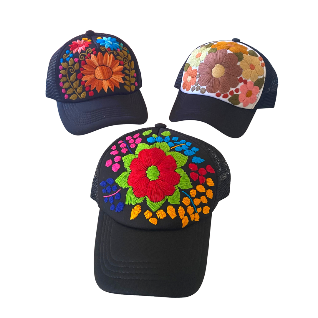 Tulum Hand Embroidered Trucker Flower Hat - Maroon