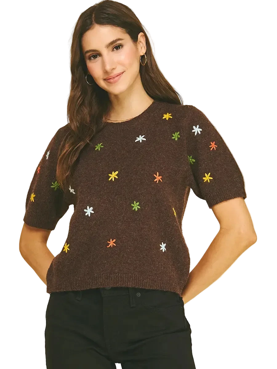W's Floral Embroidered Short Sleeve Sweater
