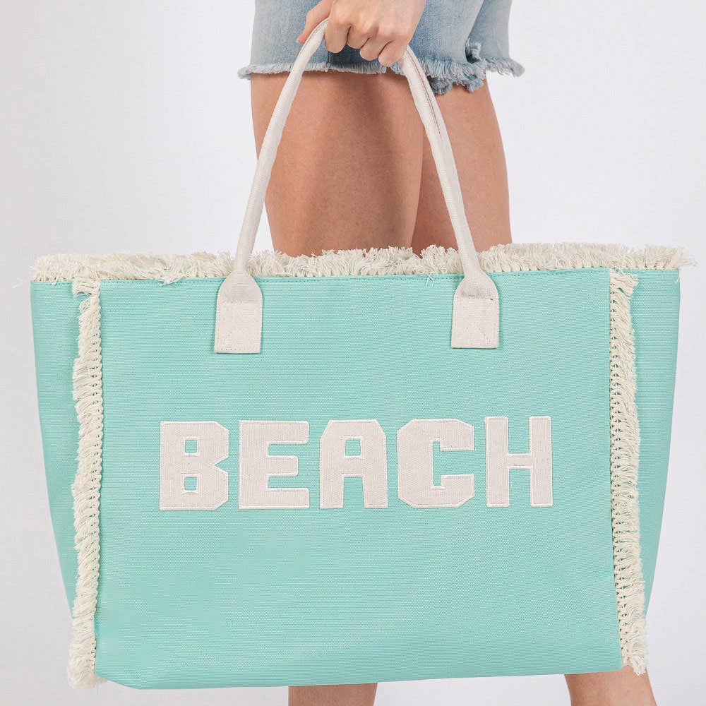 Bold BEACH Letter Embroidered Fringe Tote Bag: Teal