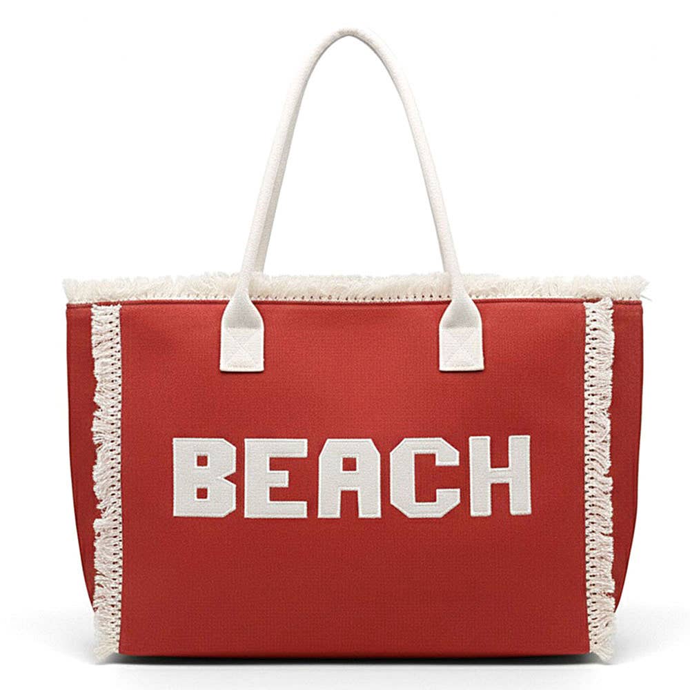 Bold BEACH Letter Embroidered Fringe Tote Bag: Teal